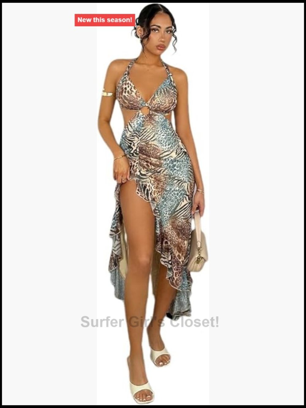 Halter Cut Out Ruffle Asymmetrical Hem High Slit Mesh Dress